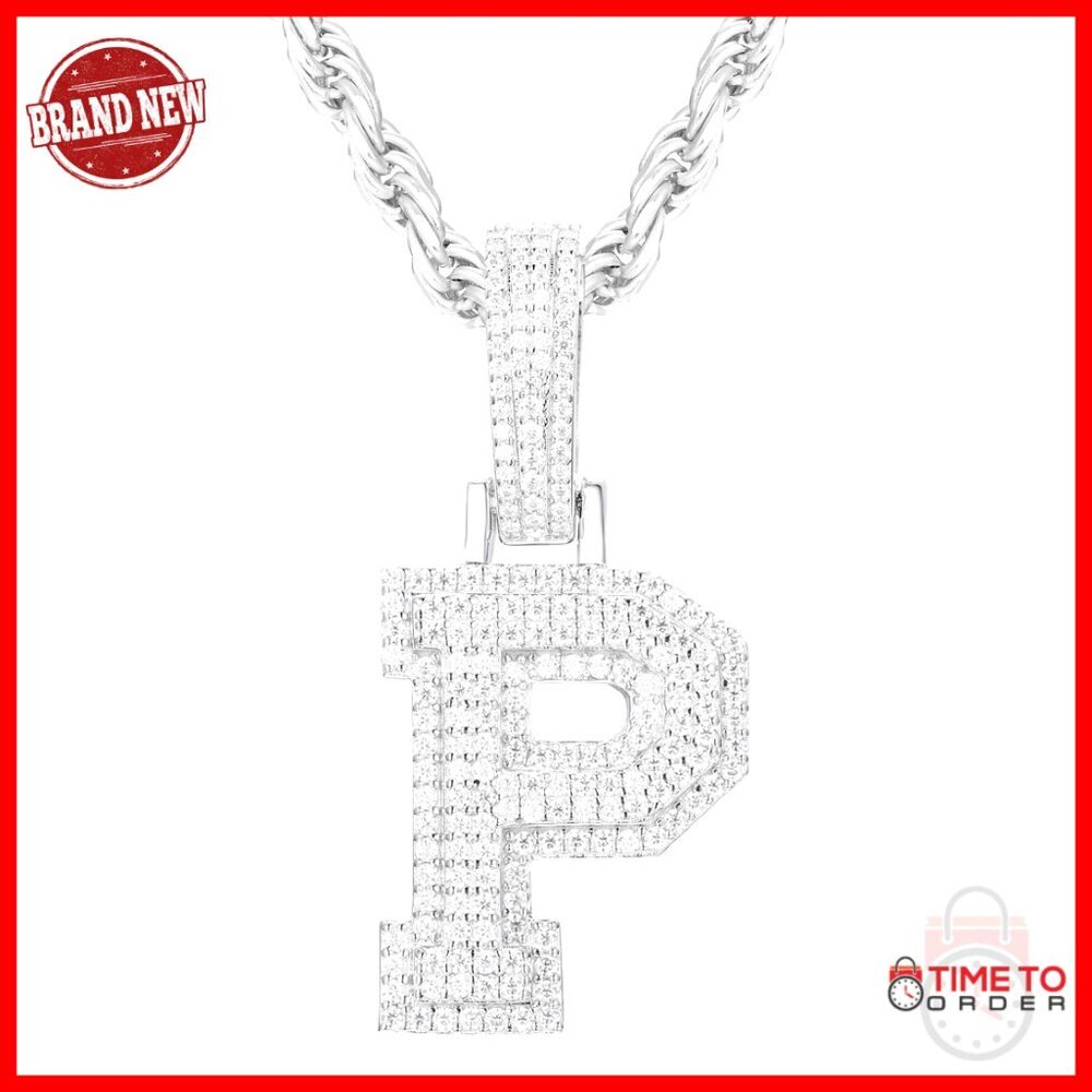 Sterling Silver Moissanite Initial Letter Necklace Pendant Men Women